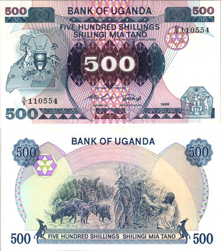 Уганда 500 шиллингов 1986 герб, буйволы, сбор зерен кофе Pick 25 бумага UNC (пресс) 7116-41-1-1