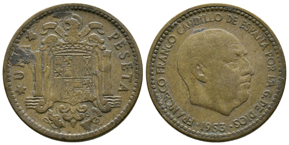 ИСПАНИЯ 1 ПЕСЕТА 1953 (58) ФРАНСИСКО ФРАНКО ДИКТАТОР ИСПАНИИ (1939-1975) KM 775 алюминиевая бронза 4364-2031