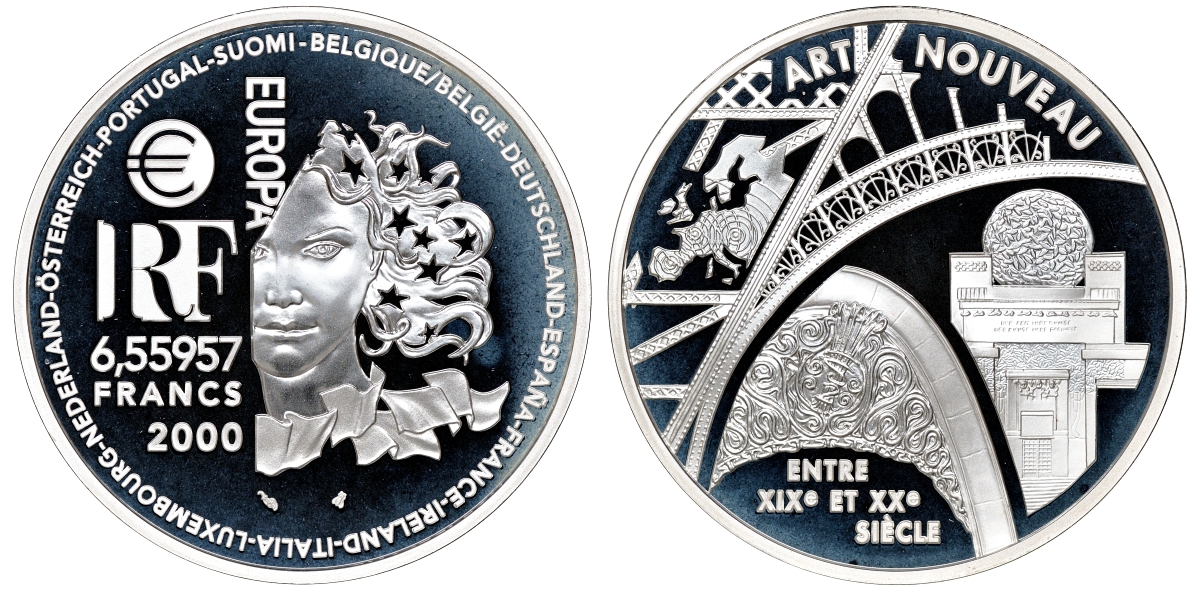 Франция 1 евро = 6,55957 франков 2000 стиль арт-нуво в архитектуре (XIX-XX веков) в оригинальной коробке, с сертификатом KM 1227 серебро PROOF 4-3-2-13