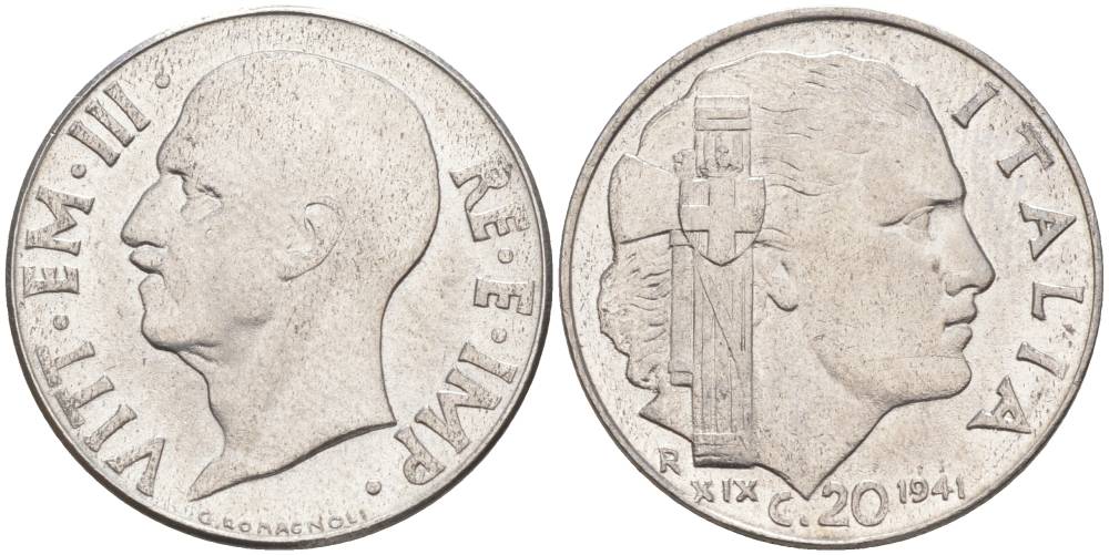 ИТАЛИЯ 20 ЧЕНТЕЗИМО 1941 R, ГОД XIX, ВИКТОР ЭММАНУИЛ III (1900-1946) KM 75b, VEM3. 1028 нержавеющая сталь 3853-741
