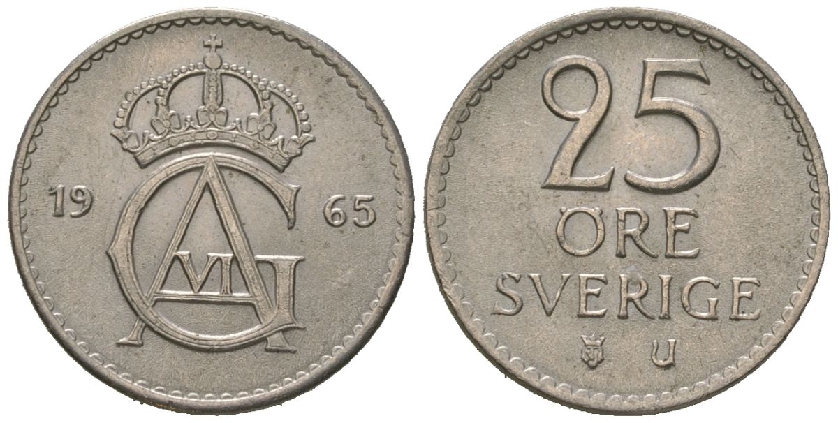 Швеция 25 эре 1965 U, Густав VI Адольф (1950-1973) KM 836 медно-никель aUNC 4621-331