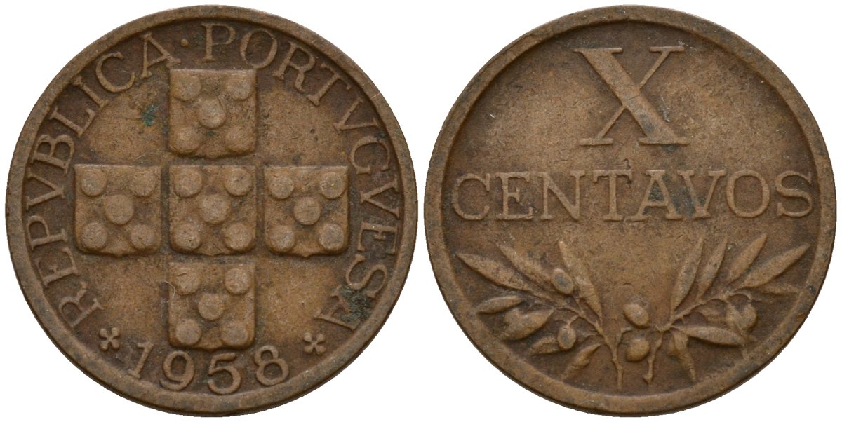 Португалия 10 сентаво 1958 KM 583 бронза 4154-1021