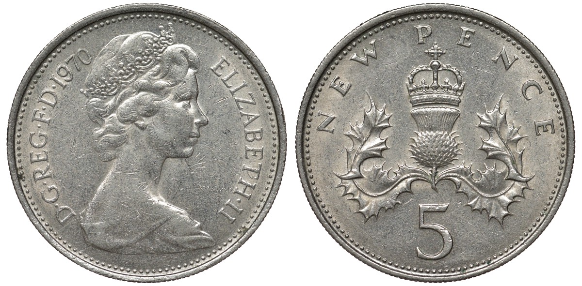 Великобритания 5 пенсов 1970 Елизавета II (1952-2022) KM 911, Spink 4233 (D1) медно-никель 4122-951