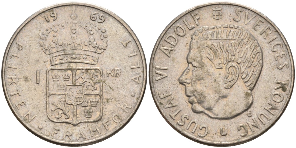 Швеция 1 крона 1969 U, Густав VI Адольф (1950-1973) KM 826a медь плакированный медно-никелем 4150-251