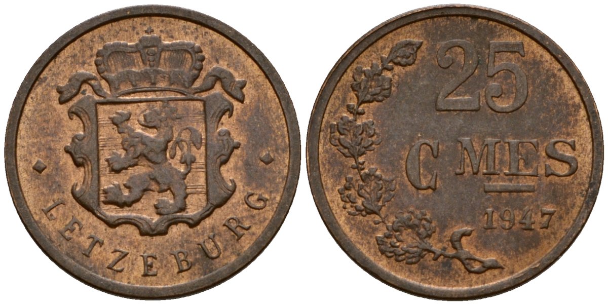 Люксембург 25 сантимов 1947 Шарлотта (1918-1964) KM 45 бронза 4532-655