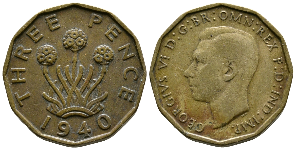 Великобритания 3 пенса 1940 Георг VI (1936-1952) KM 849, Spink 4112 никель латунь 51-922