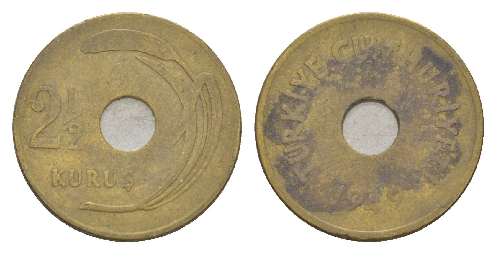 Турция 2 1/2 куруша 1949 KM 885 латунь 4647-469