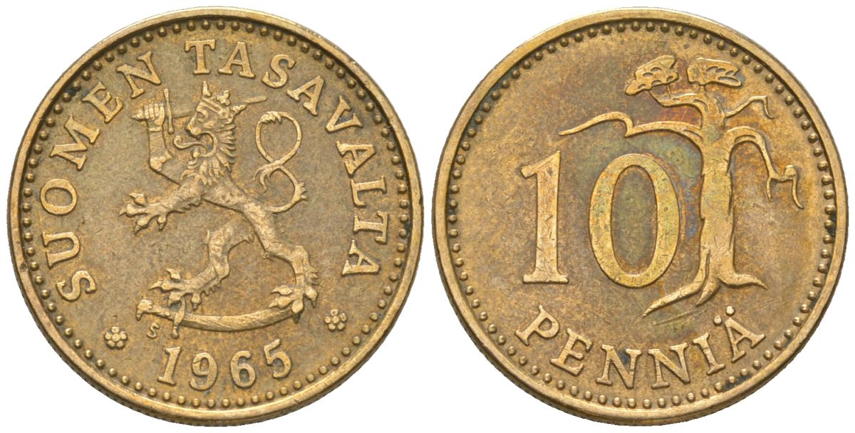 Финляндия 10 пенни 1965 S KM 46 алюминиевая бронза 4174-914