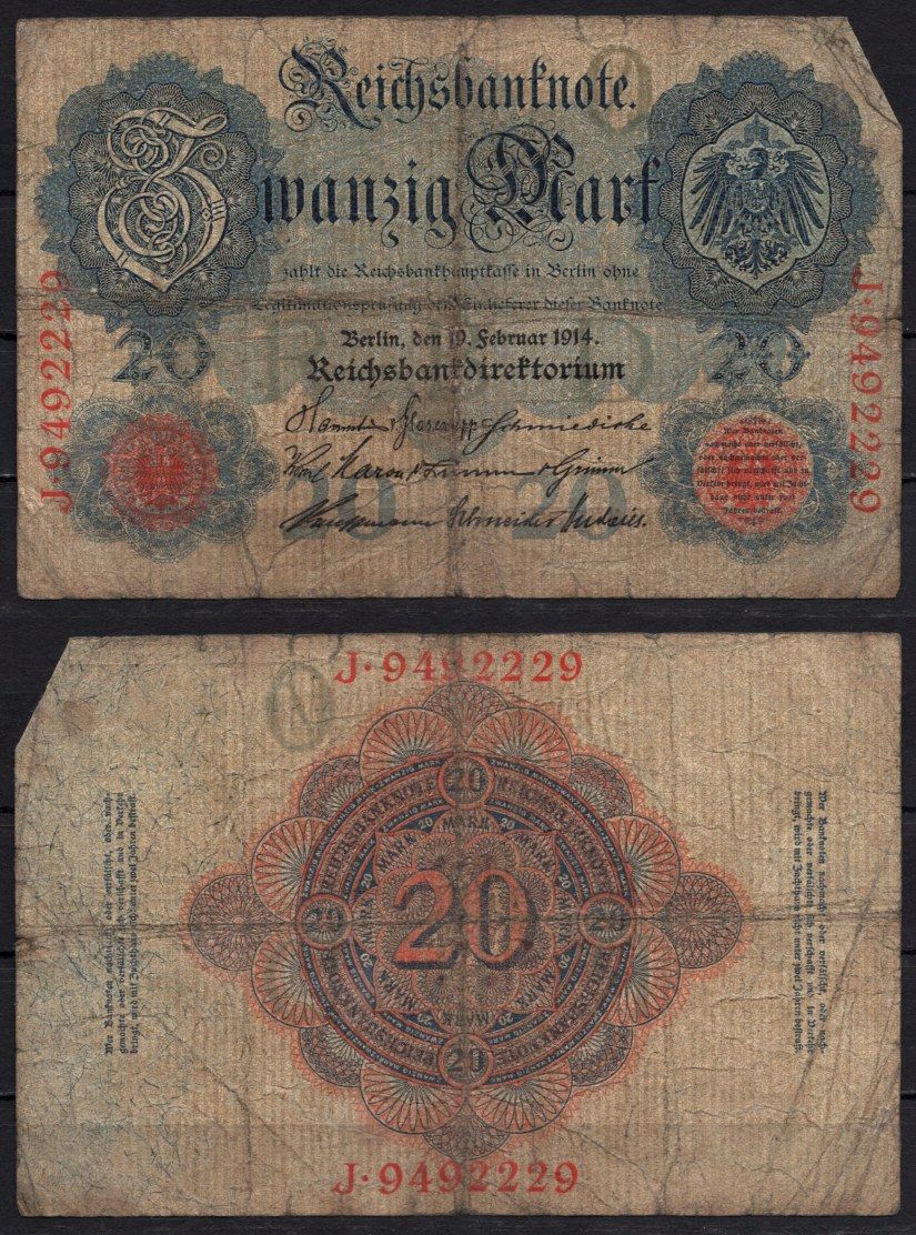 Германия 20 марок 1914 Pick 46b бумага 8592-23-3-1