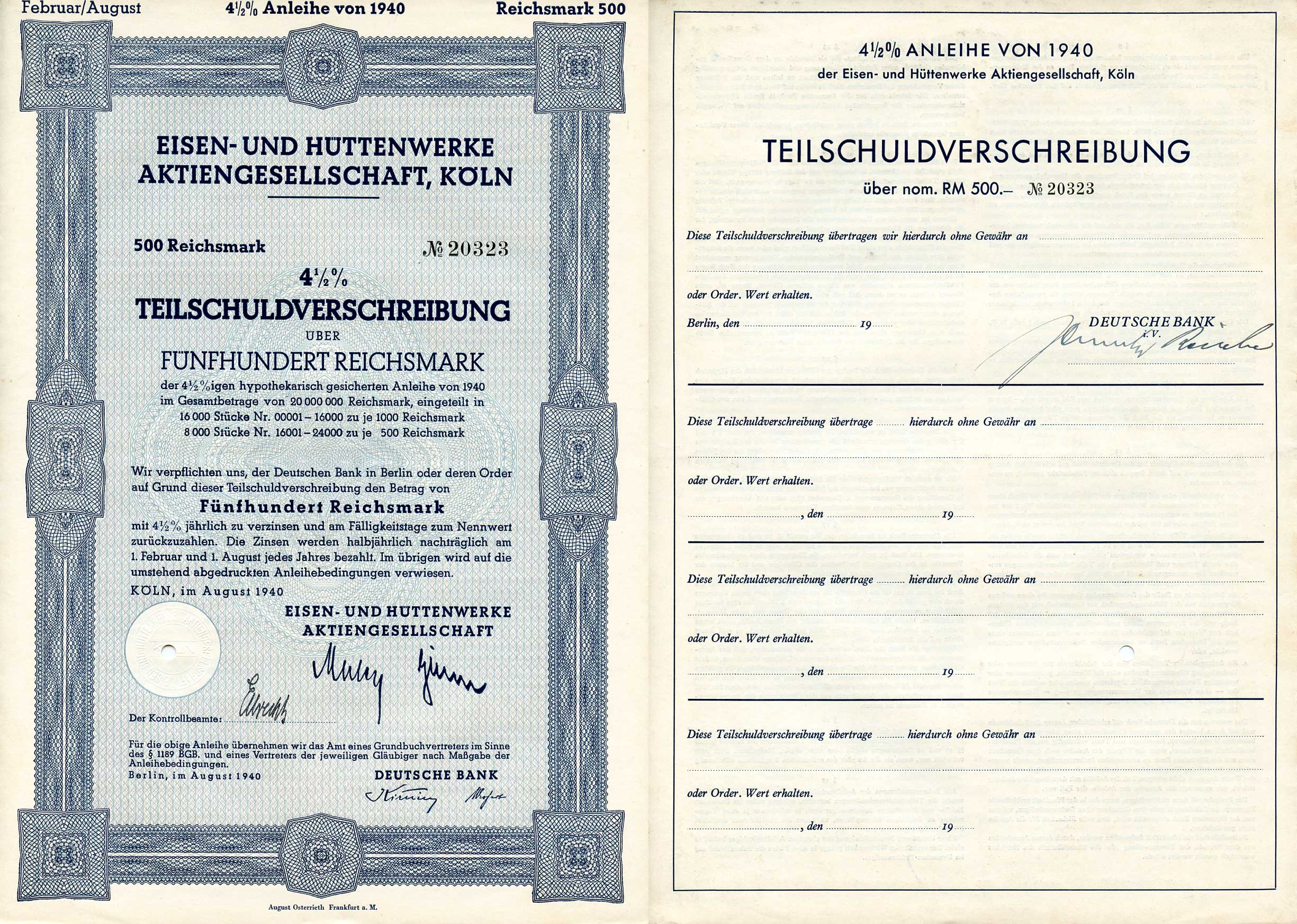 Германия 500 рейхсмарок 1940 АО металлургических и металлургических заводов, Кельн, 4-1/2% частичное обязательство, облигация   бумага  8801-91-1