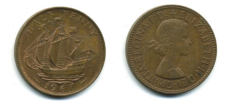 Великобритания 1/2 пенни 1967 Елизавета II (1952-2022) KM 896, Spink 4158 бронза 41-916