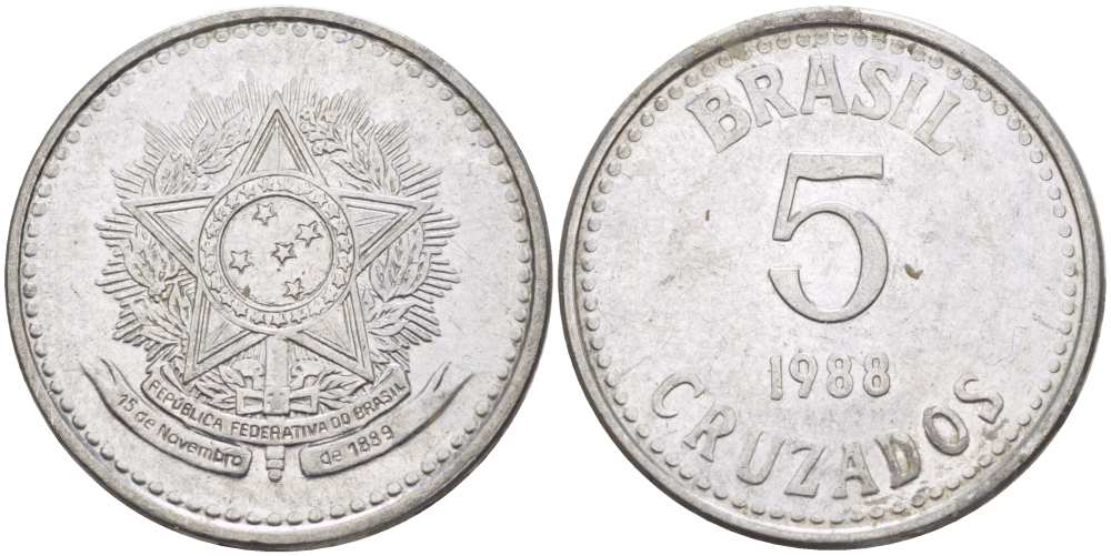 Бразилия 5 крузадо 1988 реформа 1986-1989 KM 606 нержавеющая сталь 119-653