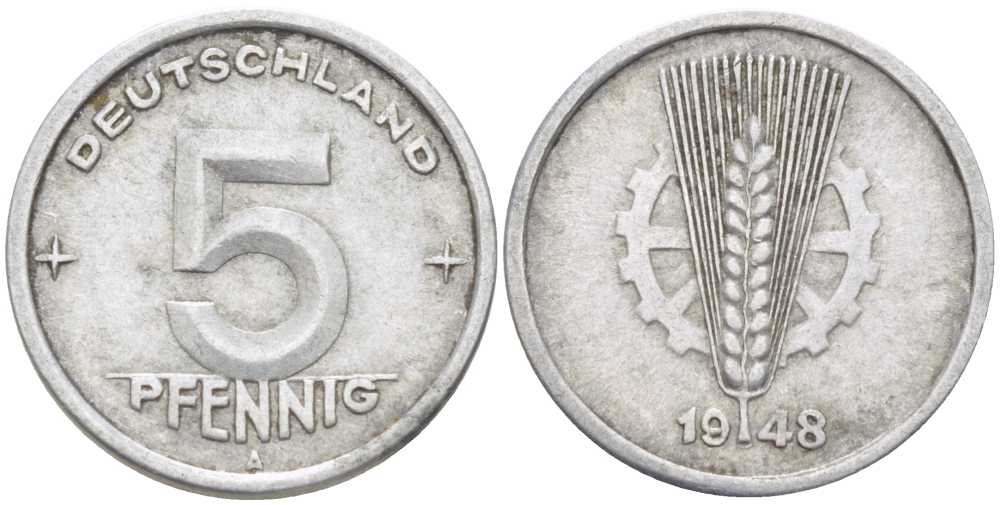 ГДР 5 пфеннигов 1948 A KM 2 алюминий 211-647