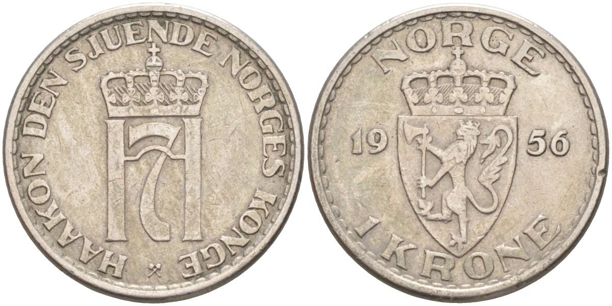 Норвегия 1 крона 1956 Хокон VII (1905-1957) KM 397 медно-никель 4398-217
