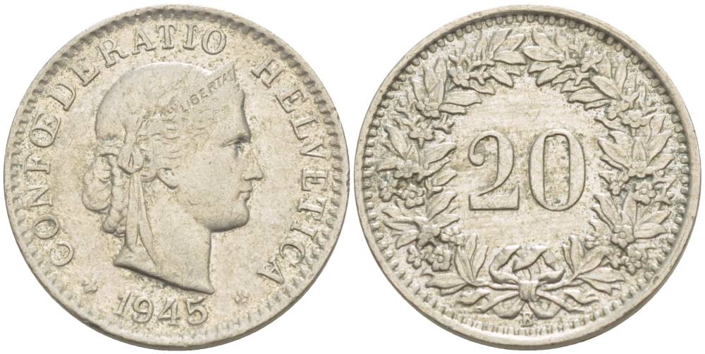 ШВЕЙЦАРИЯ 20 РАППЕНОВ 1945 В KM 29а медно-никель 4511-913