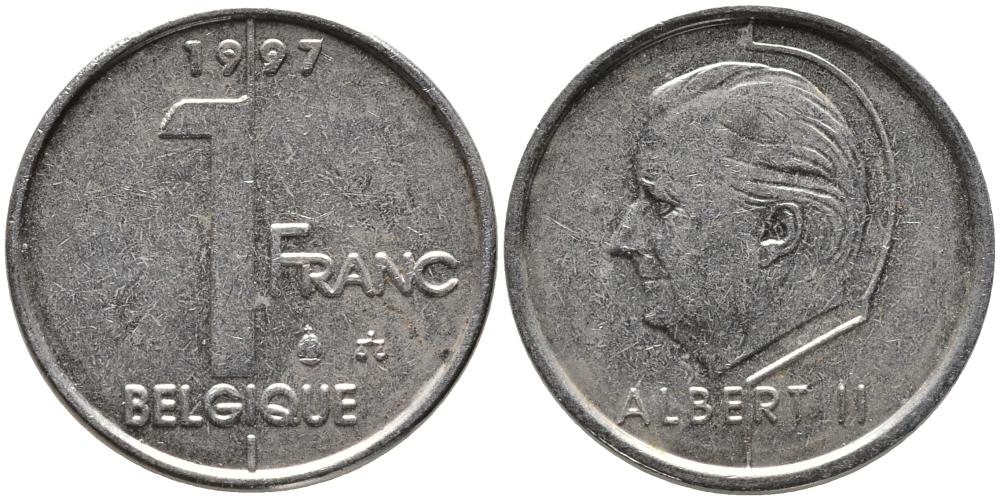 БЕЛЬГИЯ 1 ФРАНК 1997 BELGIQUE, АЛЬБЕРТ II (1993-) KM 187 железо плакированное никелем 99-1229