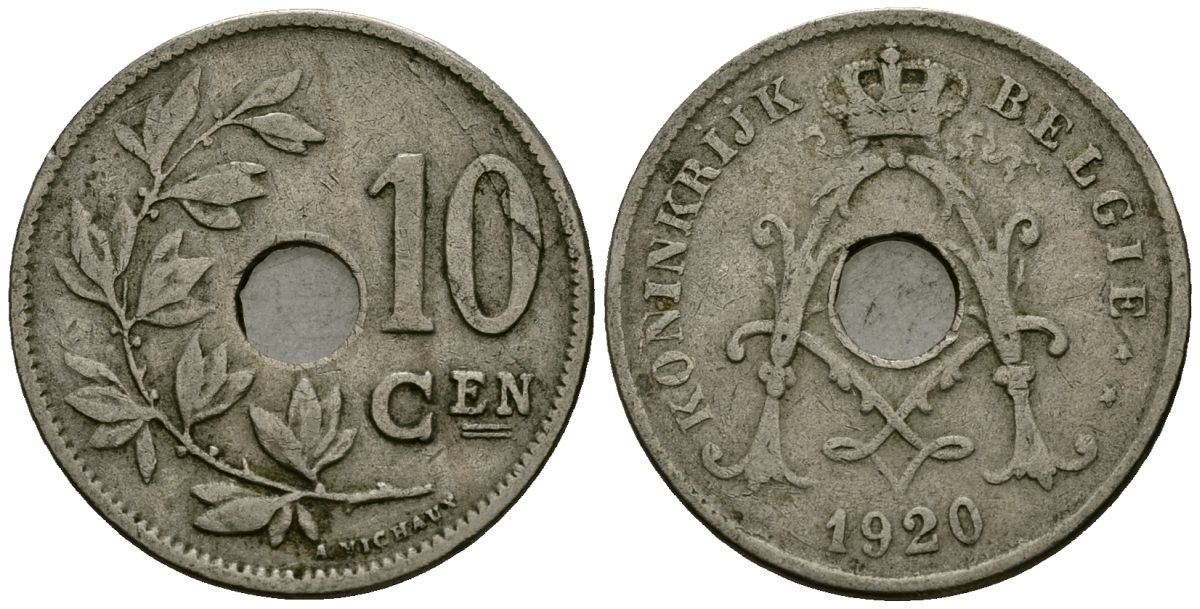 Бельгия 10 сантимов 1920 Belgie KM 86 медно-никель 4172-1241