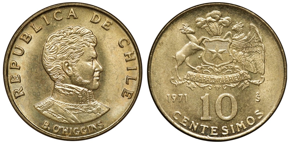 Чили 10 сентесимо 1971 KM 194 алюминиевая бронза aUNC M54-10