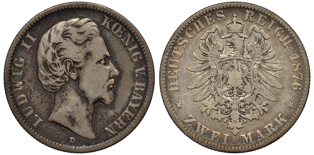 Бавария 2 марки 1876 Людвиг II (1864-1886) Weege 41, J. 41, KM 505 серебро 02-264-63