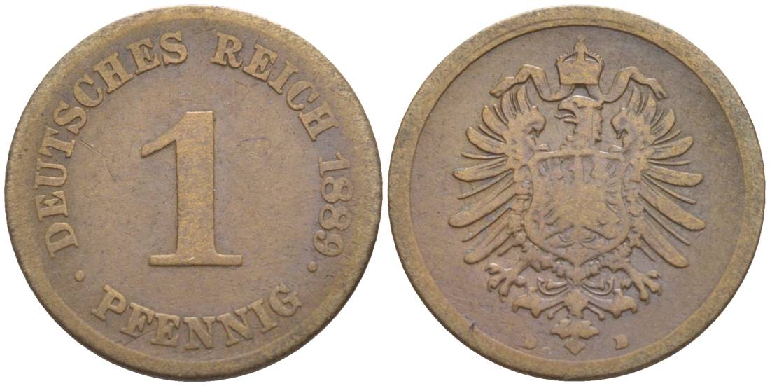 ГЕРМАНИЯ 1 ПФЕННИГ 1889 D, СТАРОГЕРБОВКА KM 1, Jager. 1, Weege 1 медь 4528-1112