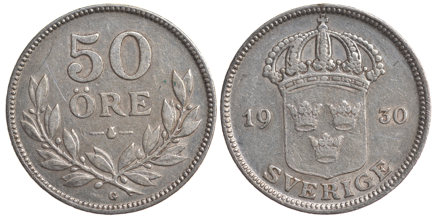 Швеция 50 эре 1930 G, Густав V (1907-1950) KM 788 серебро 4179-937