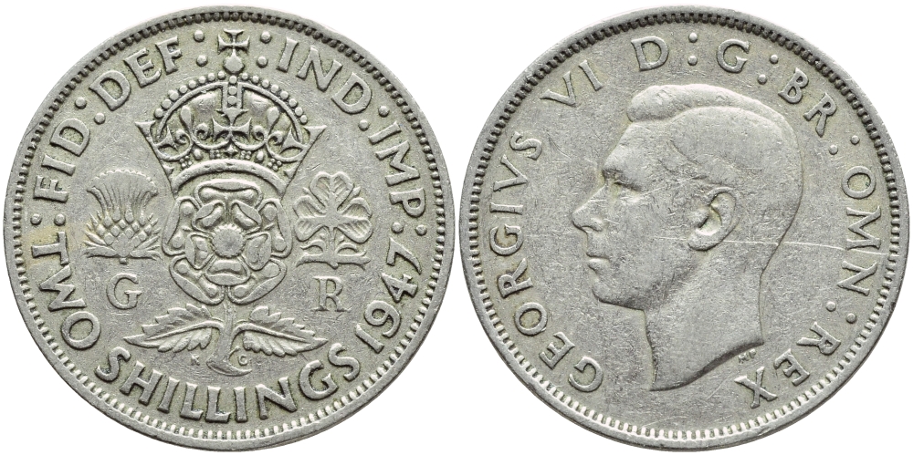 Великобритания 2 шиллинга (флорин) 1947 Георг VI (1936-1952) KM 865, Spink 4102 медно-никель 4394-1032