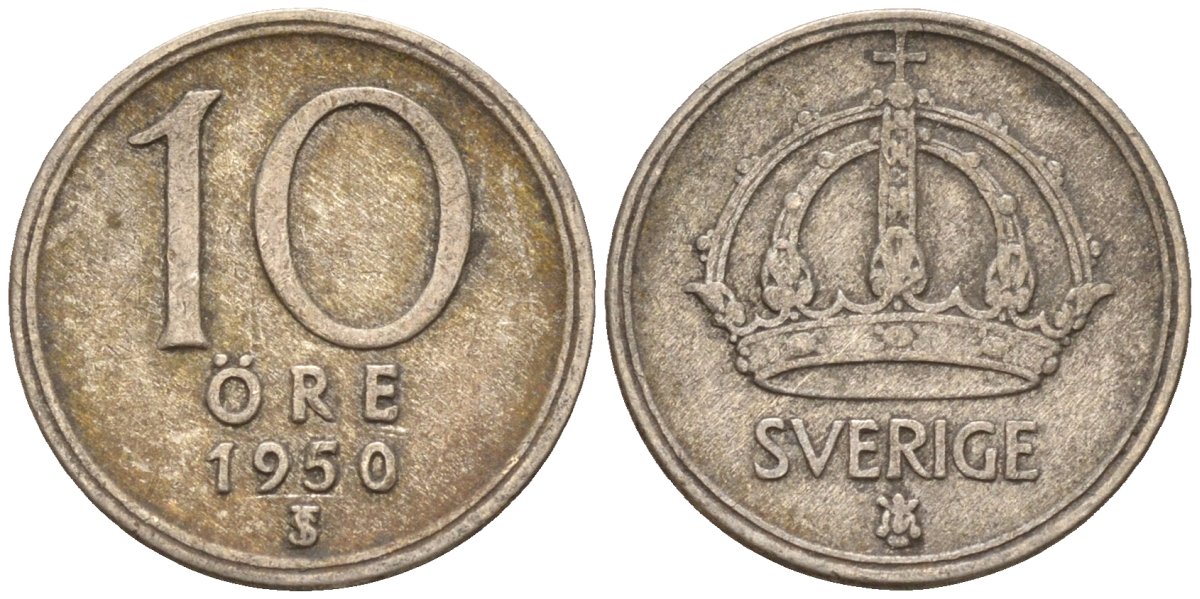 Швеция 10 эре 1950 TS, Густав V (1907-1950) KM 813 серебро 4147-858