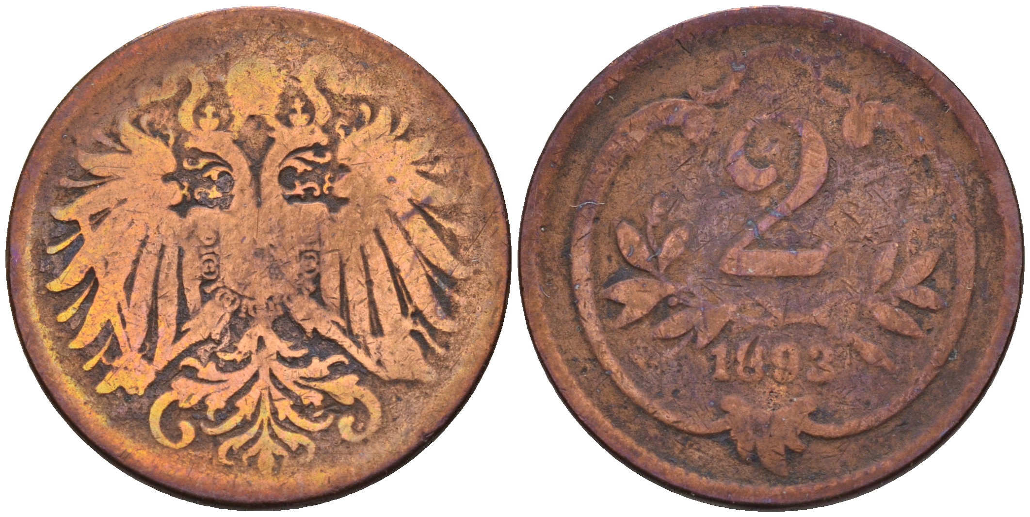 Австрия 2 геллера 1893 Франц Иосиф (1848-1916) КМ 2801 бронза    4602-658