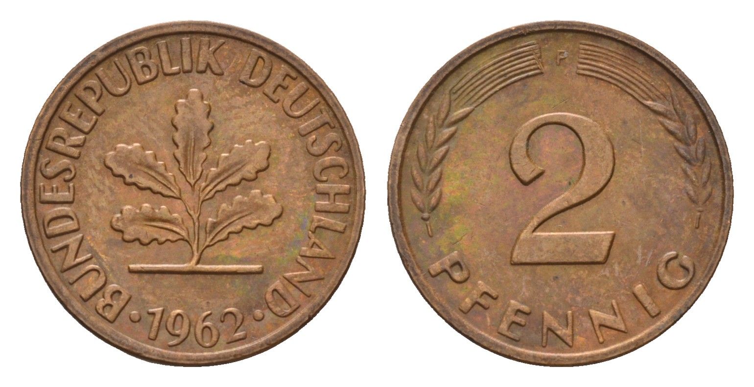 ФРГ 2 пфеннига 1962 F KM 106, J. 381 бронза 4567-1035