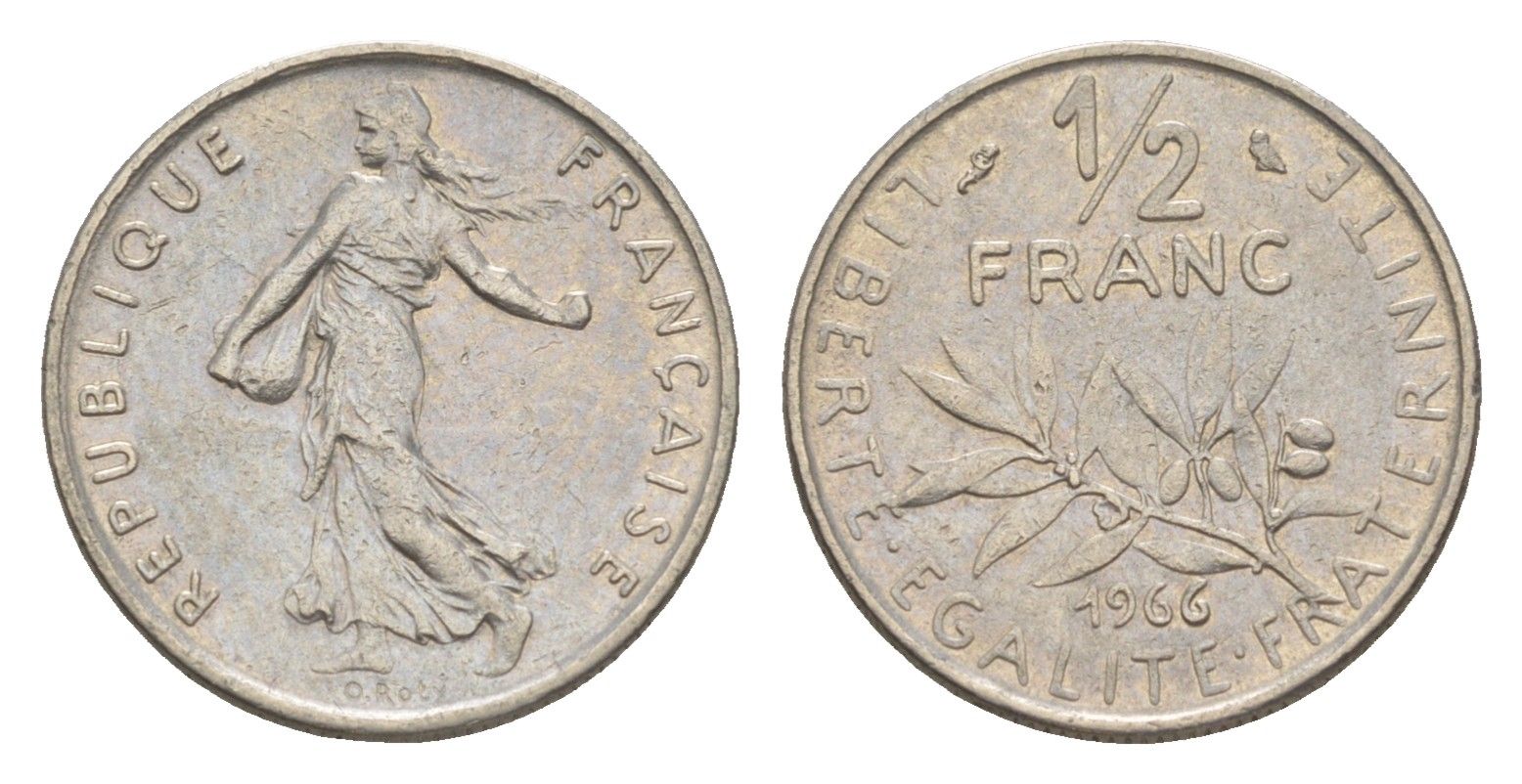 Франция 1/2 франка 1966 KM 931 никель 4174-844