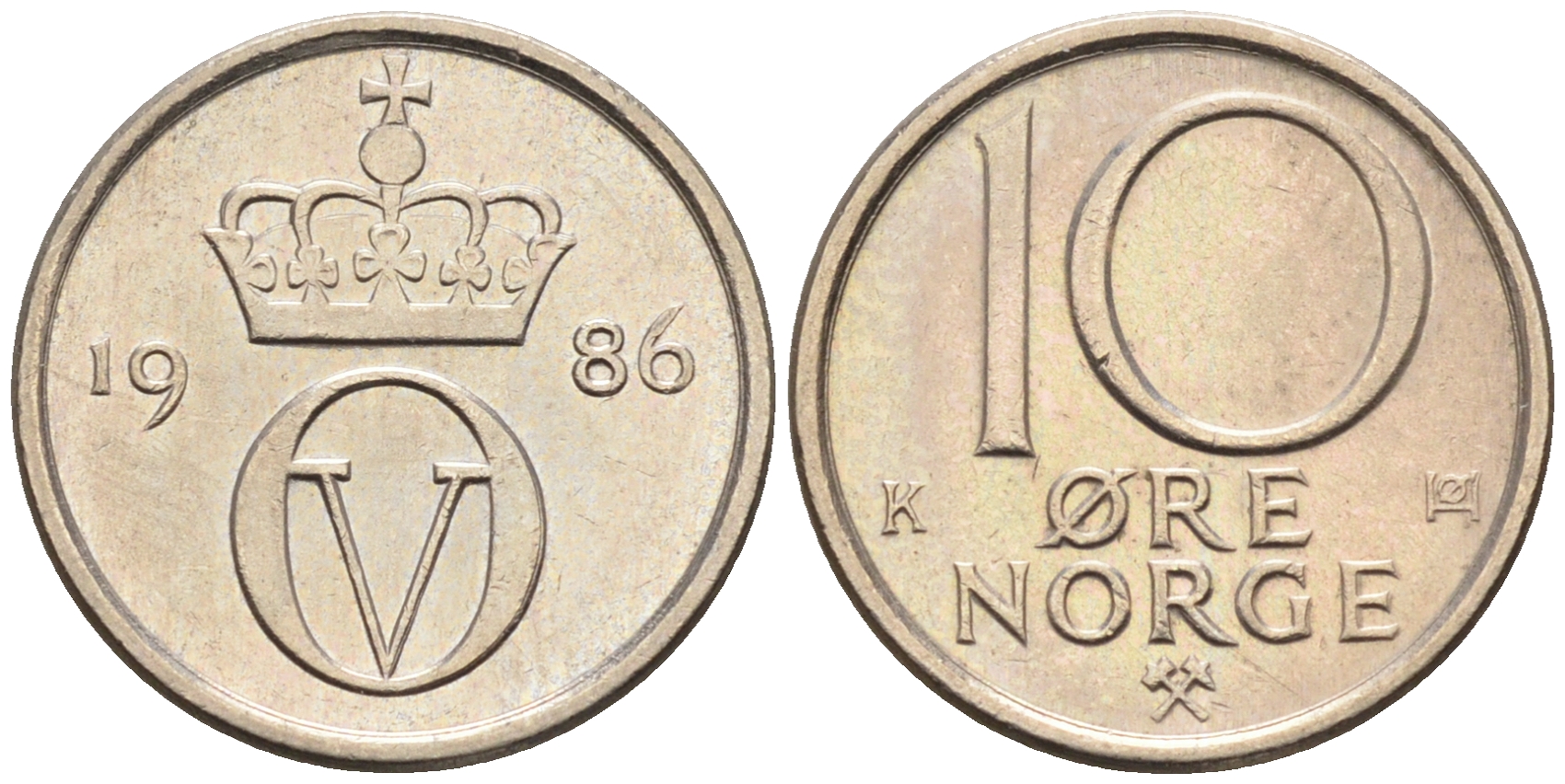 Норвегия 10 эре 1986  КМ 416 медно-никель    4169-332