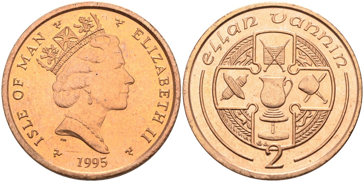 Остров Мэн 2 пенса 1995 АА, кельтский крест, ремёсла, Елизавета II (1952) KM 208 бронза BUNC 4583-124