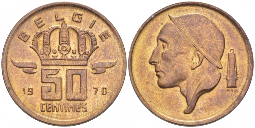 Бельгия 50 сантимов 1970 Belgie, Бодуэн I (1951-1993) KM 149.1 бронза UNC 3996-1255