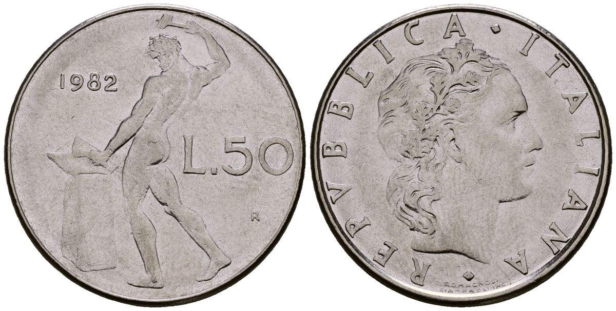 Италия 50 лир 1982 KM 95.1 нержавеющая сталь 4176-254