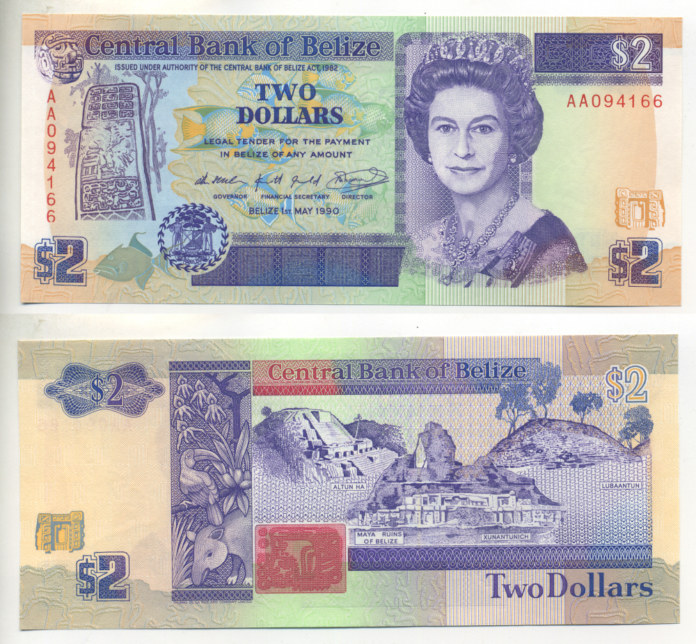 БЕЛИЗ 2 ДОЛЛАРА 1990 СЕРИЯ АА, ЕЛИЗАВЕТА II Pick 52a бумага UNC (ПРЕСС) 7457-18-1