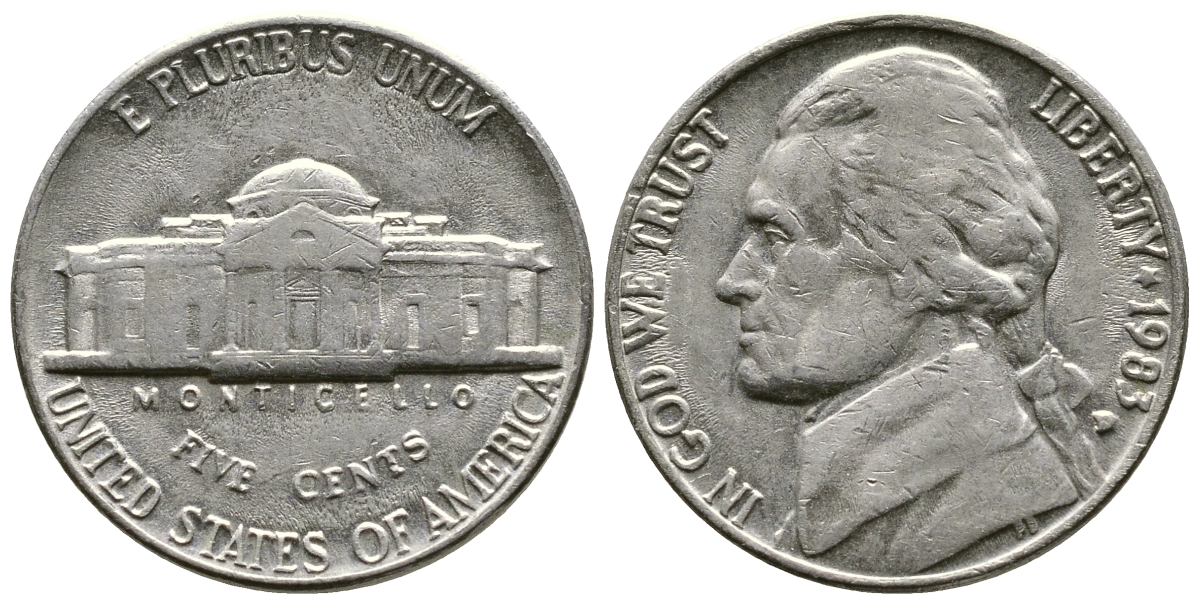 США 5 центов 1983 D, президент Джеферсон KM А192 медно-никель 4610-231