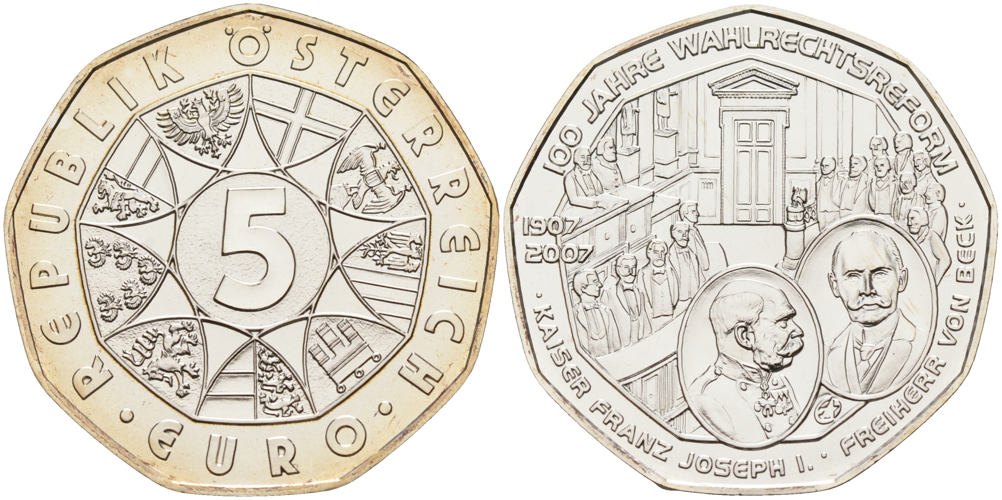 Австрия 5 евро 2007 100 лет Всеобщему избирательному праву, Франц Иосиф KM 3144 серебро UNC 01-164-43