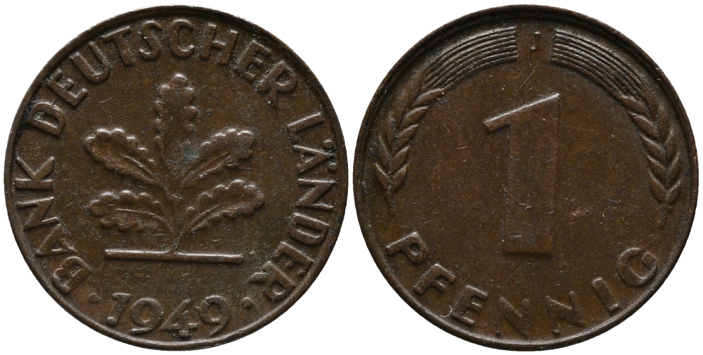 ФРГ 1 пфенниг 1949 J KM А101, J.376 сталь плакированная медью 99-244