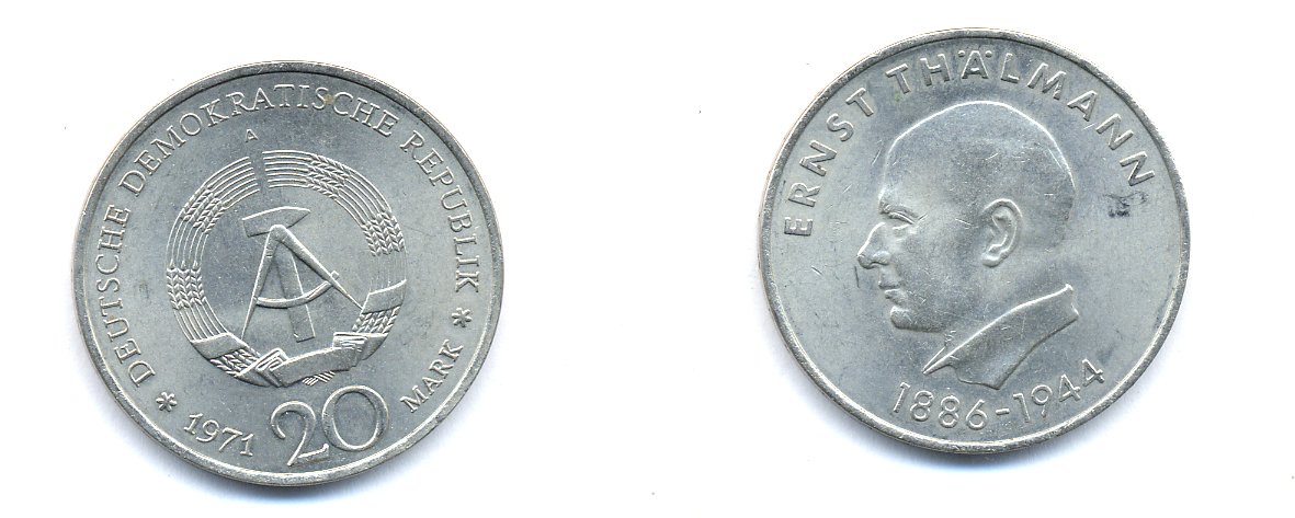 ГДР 20 марок 1971 A, 85 лет со дня рождения Эрнста Тельмана KM 34, J. 1535 медно-никель 3333-531