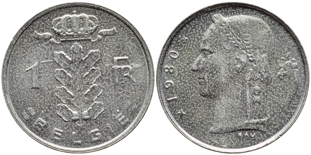 БЕЛЬГИЯ 1 ФРАНК 1980 BELGIE KM 143.1 медно-никель 3999-222