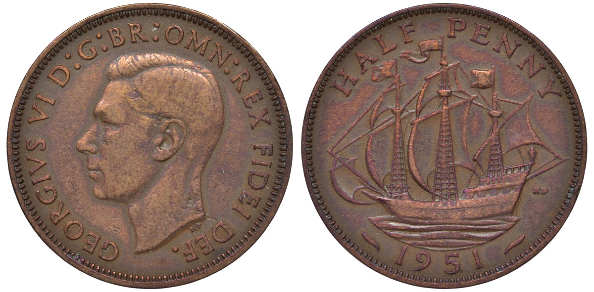 Великобритания 1/2 пенни 1951 Георг VI (1936-1952) KM 868, Spink 4118 бронза 4122-816