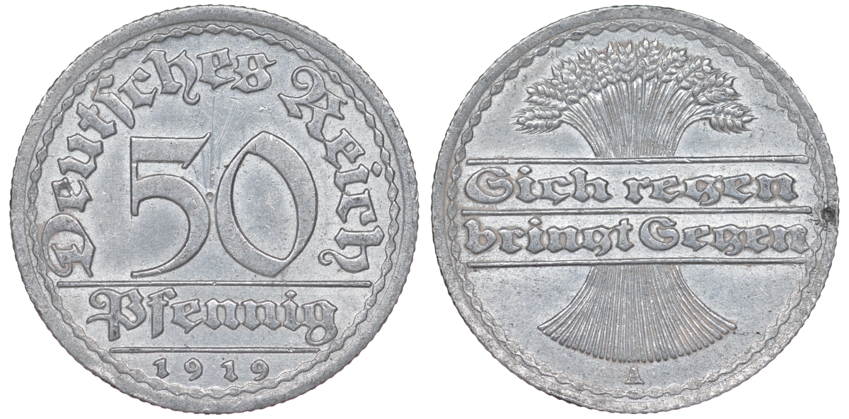 Германия 50 пфеннигов 1919 A KM 27, J. 301 алюминий 4163-216