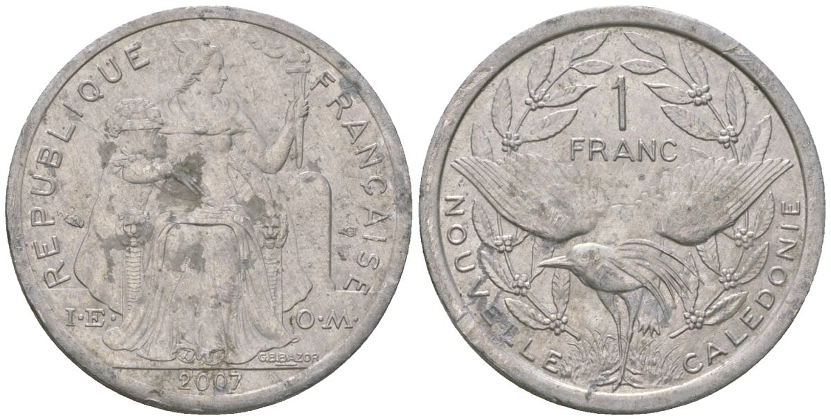 Французская Новая Каледония 1 франк 2007 птица кагу, (IEOM) KM 10, Schoen 10 алюминий 55-122