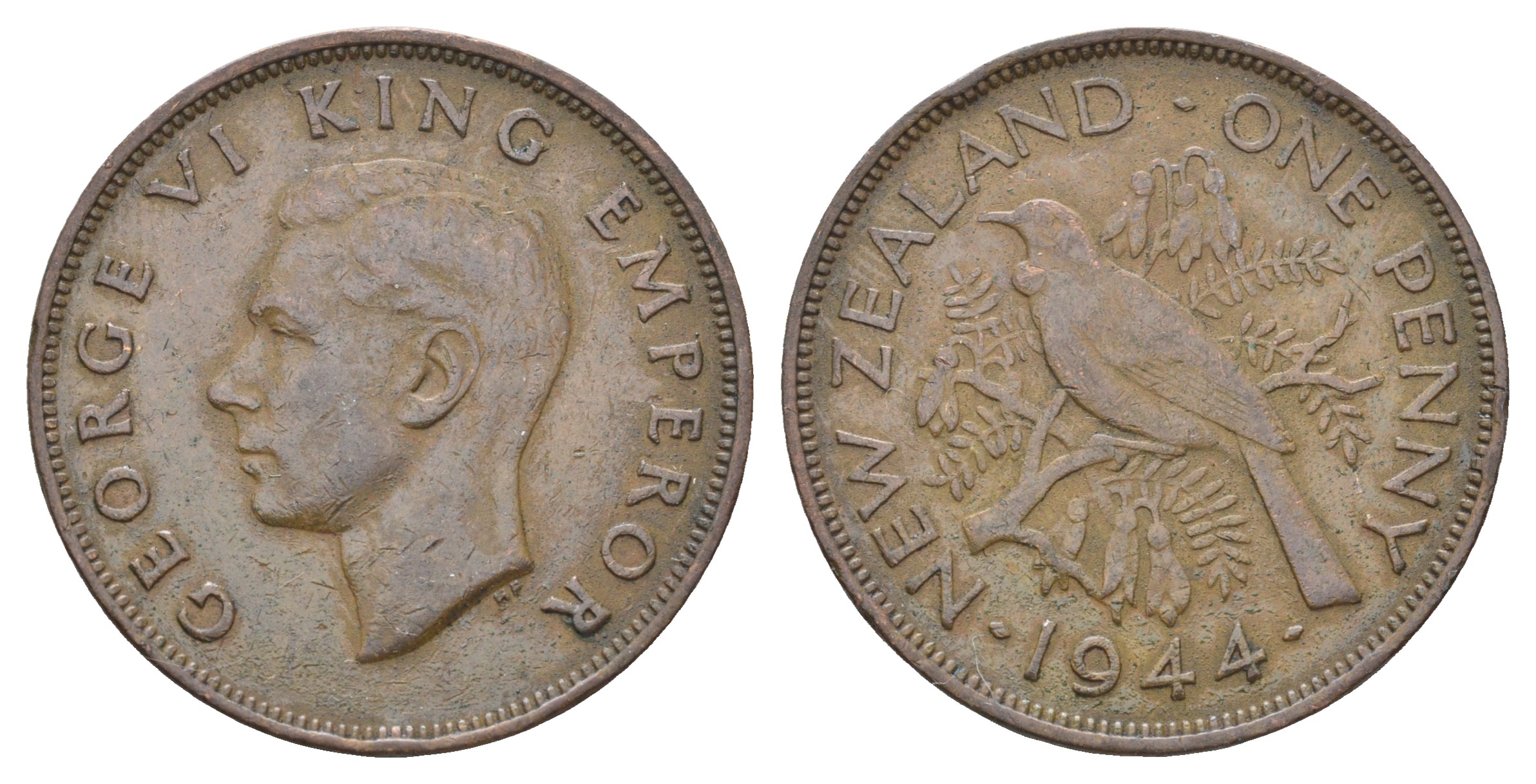 Новая Зеландия 1 пенни 1944 Георг VI (1936-1952), новозеландский туи KM 13 бронза    4403-1224