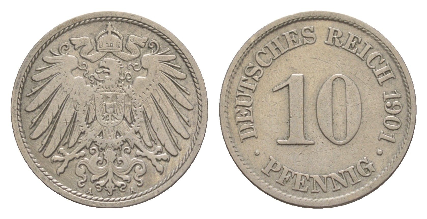 Германия 10 пфеннигов 1901 A, Вильгельм II (1888-1918) KM 12, J. 13 медно-никель 4640-249