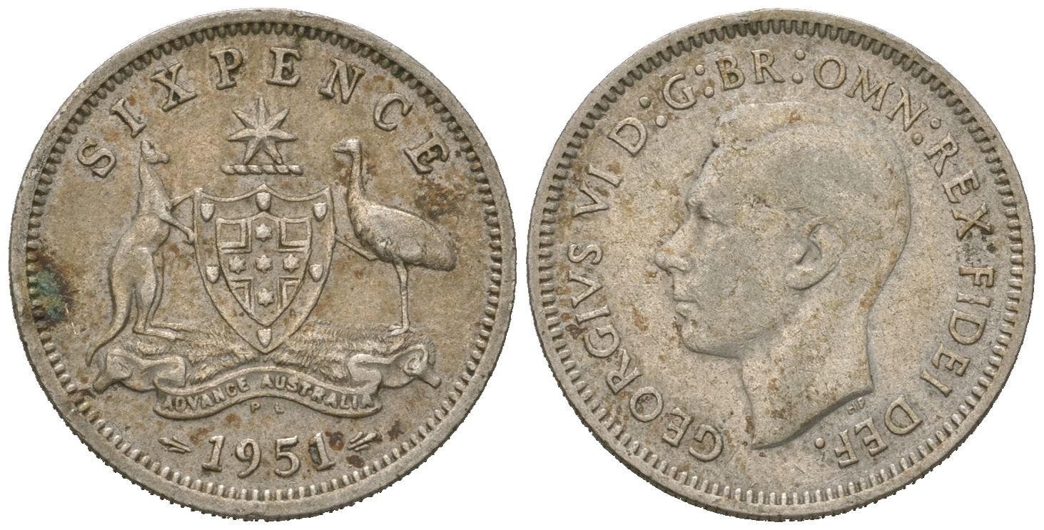 Австралия 6 пенсов 1951 Георг VI (1936-1952) KM 45 серебро 4621-221