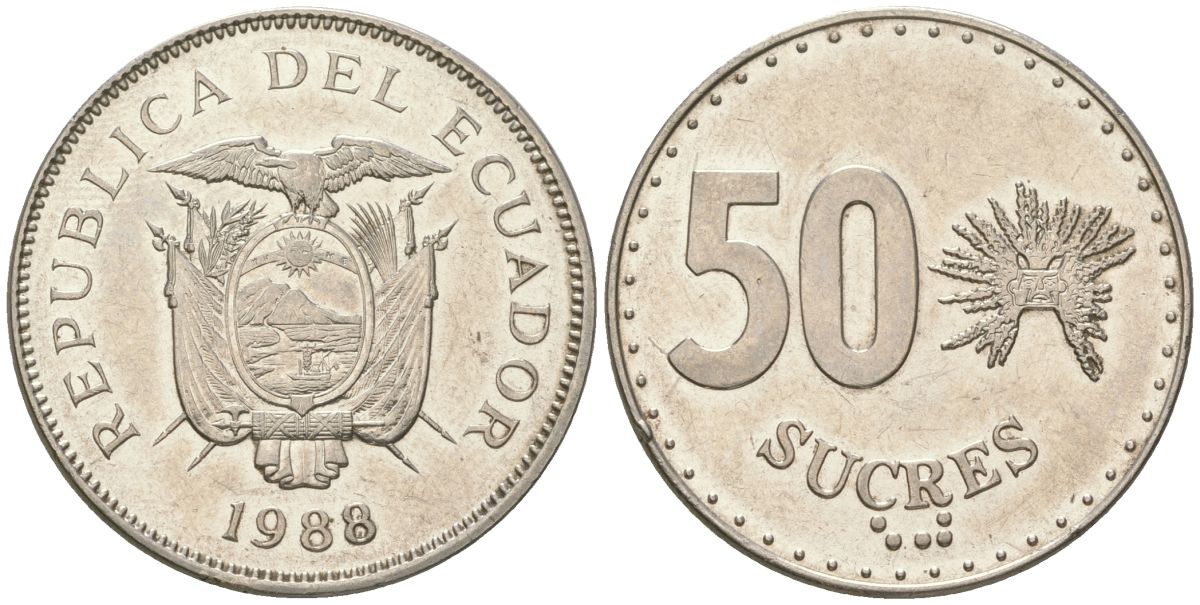 Эквадор 50 сукре 1988 KM 93 сталь плакированная никелем 4511-1021