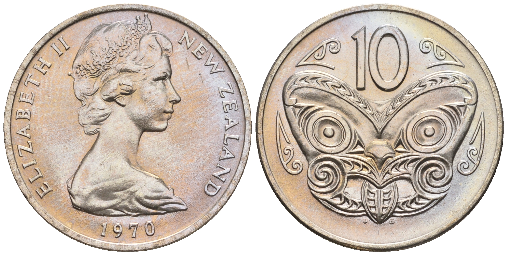 Новая Зеландия 10 центов 1970 Елизавета II (1952-2022), маска маори KM 41.1 медно-никель  UNC  4182-1236
