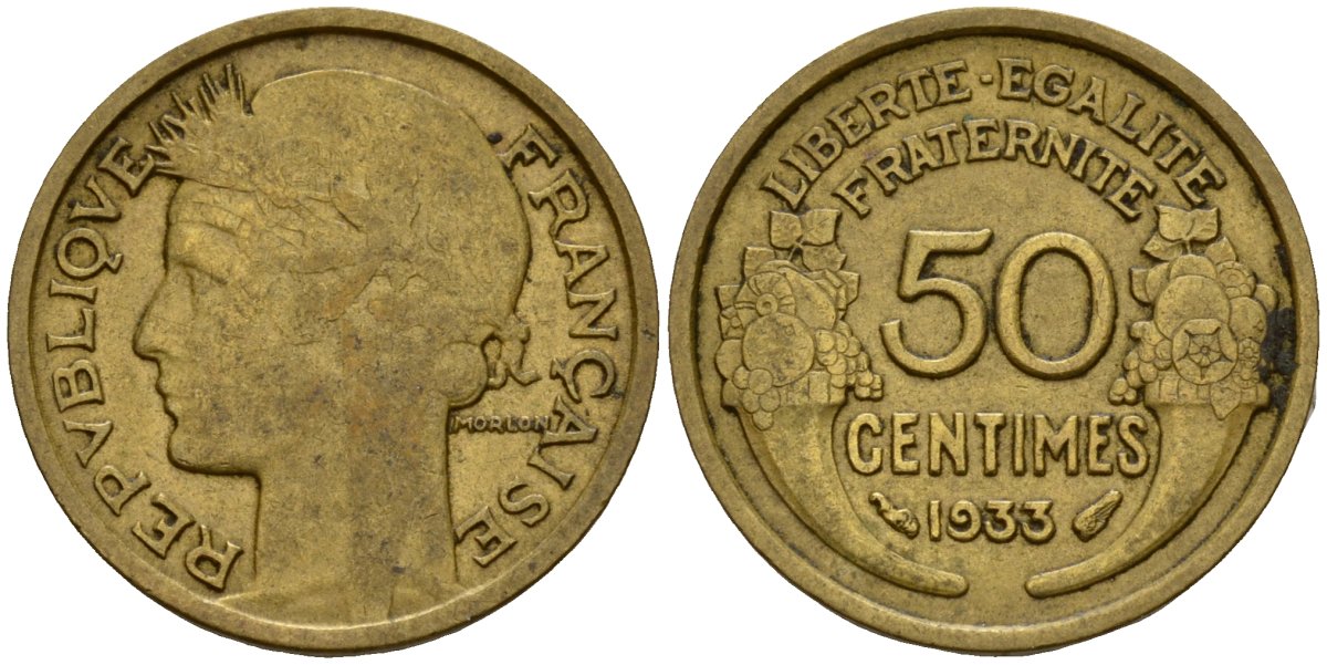 Франция 50 сантимов 1933 KM 894.1 алюминиевая бронза 4154-1113