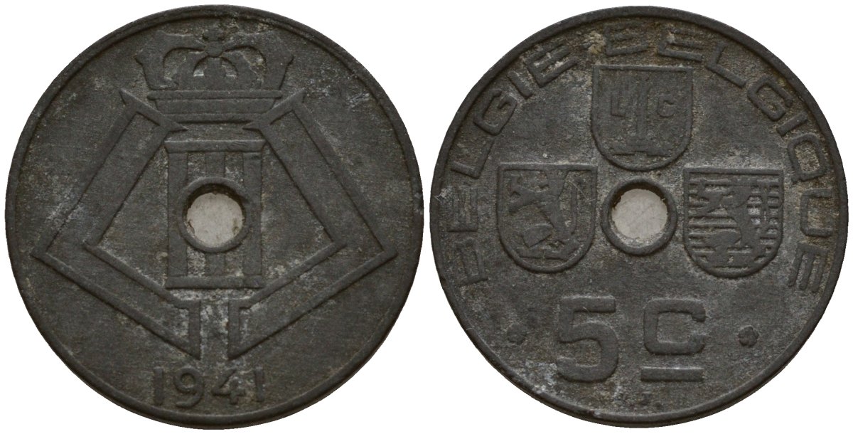 Бельгия 5 сантимов 1941 Belgie - Belgique, Леопольд III (1934-1947), германская оккупация, Вторая мировая война KM 124 цинк 4160-1129